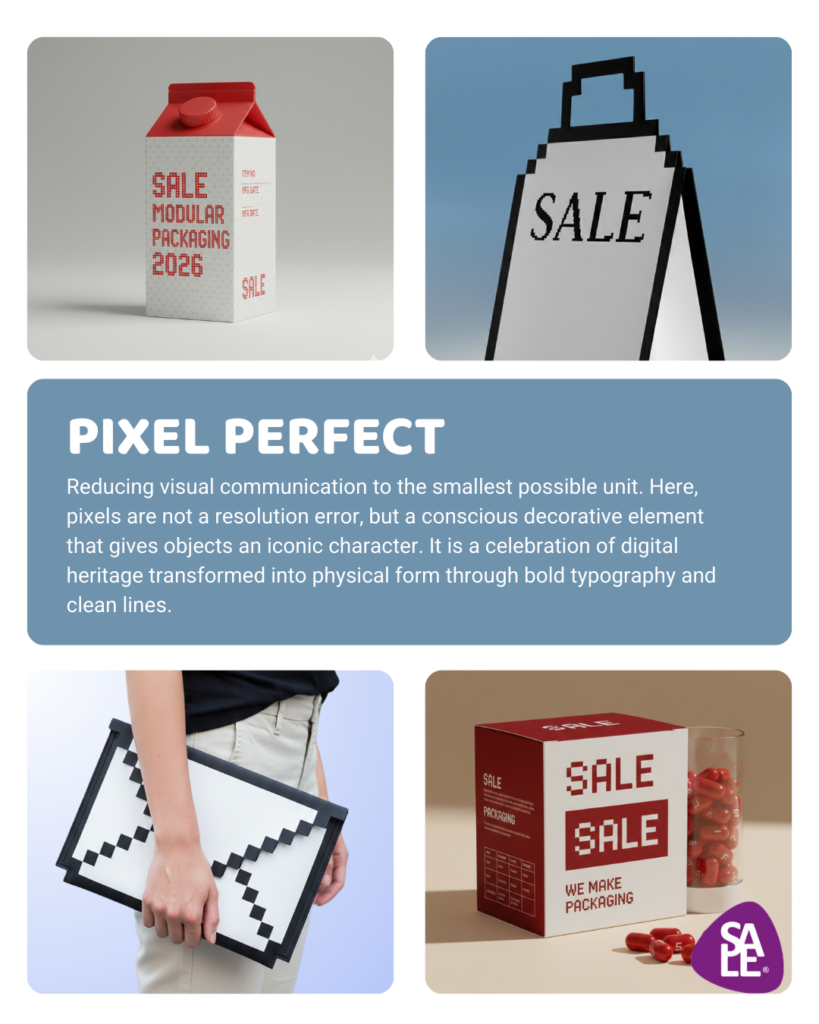 Packaging design trends 2026 – modern packaging with digital aesthetic and geometric contrast