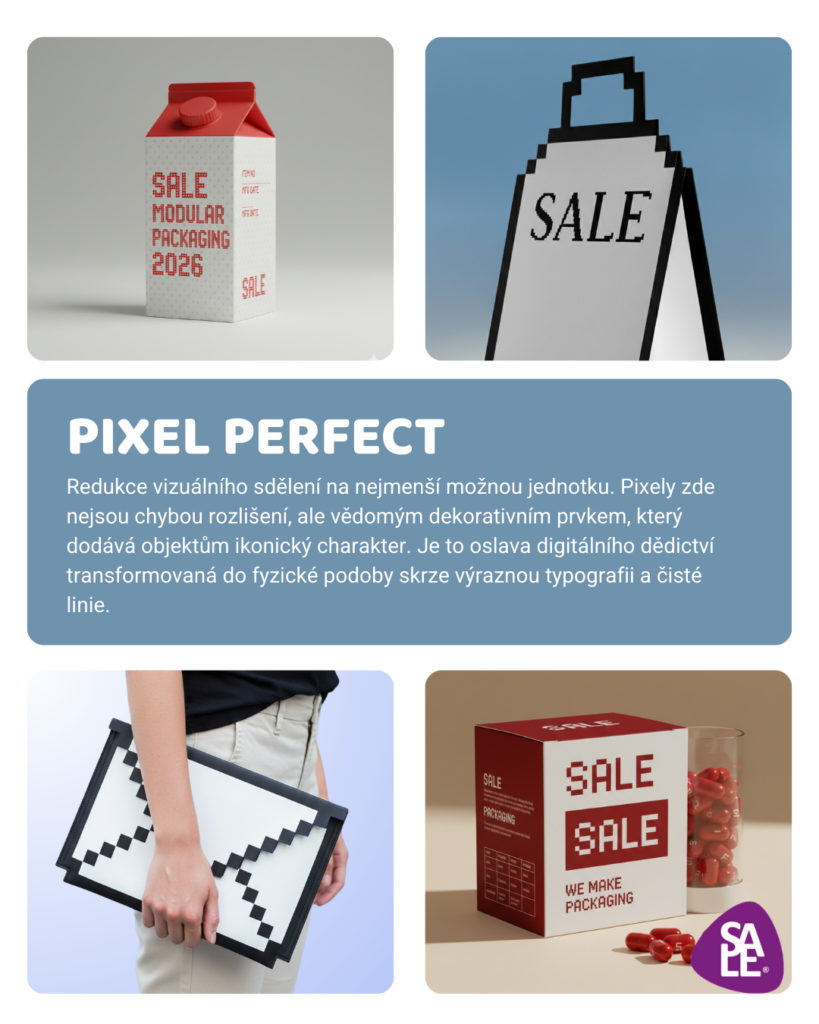 grafické trendy 2026 – moderní obal s digitální estetikou a geometrickým kontrastem