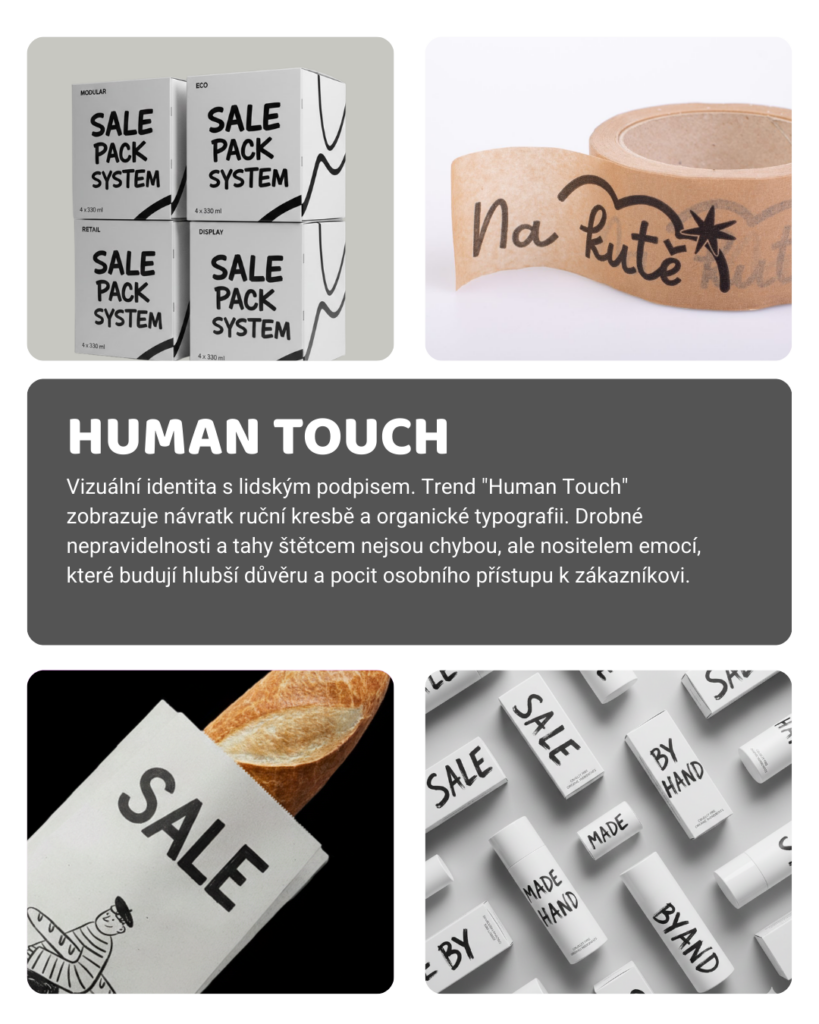 grafické trendy 2026 – obalový design s ruční kresbou a autentickou typografií